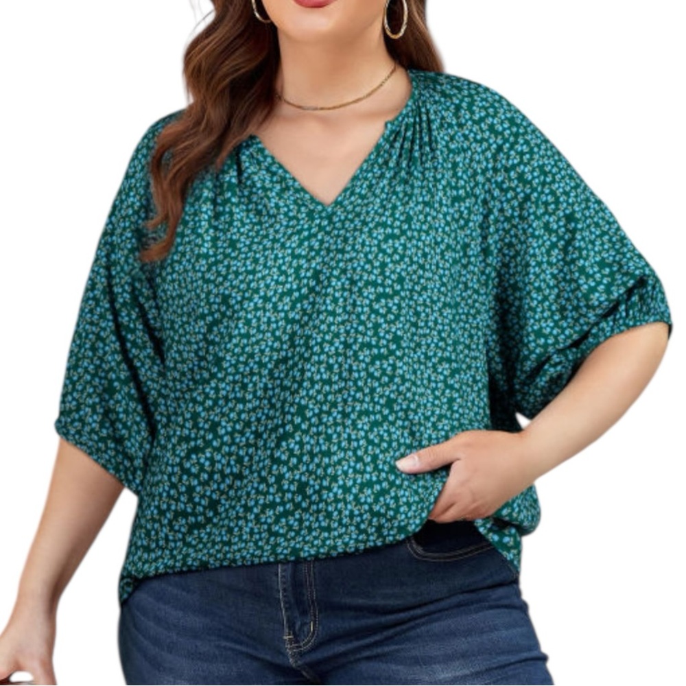 Floral V-Neck Dolman Sleeve Blouse - Green